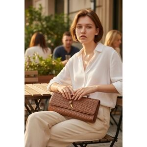 Woven Brown Faux Leather Clutch Handbag